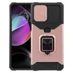 For Motorola Moto G 5G 2023 Camera Shield Card Slot Phone Case with Ring Holder(Rose Gold)