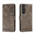 For Samsung Galaxy S23 5G Lace Flower Embossing Flip Leather Phone Case(Grey)
