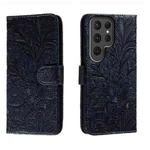 For Samsung Galaxy S23 Ultra 5G Lace Flower Embossing Flip Leather Phone Case(Dark Blue)