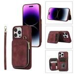 For iPhone 14 Pro Max Zipper Card Bag Back Cover Phone Case(Wine Red)