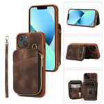 For iPhone 13 Zipper Card Bag Back Cover Phone Case(Brown)