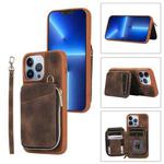 For iPhone 13 Pro Zipper Card Bag Back Cover Phone Case(Brown)
