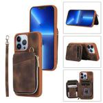 For iPhone 13 Pro Max Zipper Card Bag Back Cover Phone Case(Brown)