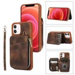 For iPhone 12 Zipper Card Bag Back Cover Phone Case(Brown)