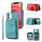 For iPhone 12 Zipper Card Bag Back Cover Phone Case(Turquoise)