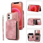 For iPhone 12 Zipper Card Bag Back Cover Phone Case(Pink)