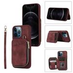 For iPhone 12 Pro Max Zipper Card Bag Back Cover Phone Case(Wine Red)