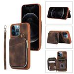 For iPhone 12 Pro Max Zipper Card Bag Back Cover Phone Case(Brown)