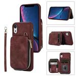 For iPhone XR Zipper Card Bag Back Cover Phone Case(Wine Red)