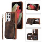 For Samsung Galaxy S21 Ultra 5G Zipper Card Bag Back Cover Phone Case(Brown)