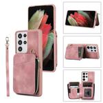 For Samsung Galaxy S21 Ultra 5G Zipper Card Bag Back Cover Phone Case(Pink)