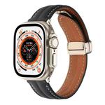 Folding Buckle Grooved Genuine Leather Watch Band For Apple Watch Ultra 49mm / Series 8&7 45mm / SE 2&6&SE&5&4 44mm / 3&2&1 42mm(Black)