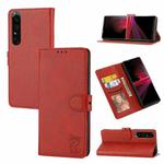 For Sony Xperia 10 V Embossed Happy Cat Pattern Flip Leather Phone Case(Red)