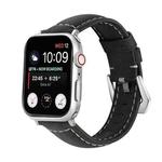 For Apple Watch Ultra 49mm / Series 8&7 45mm / SE 2&6&SE&5&4 44mm / 3&2&1 42mm Silver Buckle Genuine Leather Watch Band(Frosted Black)