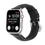 For Apple Watch Series 8&7 41mm / SE 2&6&SE&5&4 40mm / 3&2&1 38mm Silver Buckle Genuine Leather Watch Band(Frosted Black)