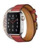 For Apple Watch Series 7 45mm / 6 & SE & 5 & 4 44mm / 3 & 2 & 1 42mm Silk Screen Pattern Leather Watch Band(Brick Red)