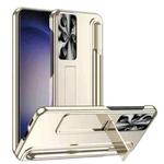 For Samsung Galaxy S23 Ultra 5G Electroplating Pen Slot Phone Case with Holder(Champagne Gold)