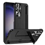 For Samsung Galaxy S23 Ultra 5G Electroplating Pen Slot Phone Case with Holder(Black)