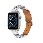 Chain + Leather Watch Band For Apple Watch Series 9&8&7 41mm / SE 3&SE 2&6&SE&5&4 40mm / 3&2&1 38mm (Silver + Brown)