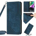 For iPhone 14 Plus Skin Feel Stripe Pattern Leather Phone Case with Lanyard(Blue)