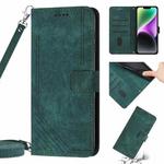 For iPhone 12 / 12 Pro Skin Feel Stripe Pattern Leather Phone Case with Lanyard(Green)