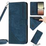 For Sony Xperia 1 V 2023 Skin Feel Stripe Pattern Leather Phone Case with Lanyard(Blue)