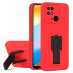 For Xiaomi Redmi 10 4G / Redmi 10C Strap Holder Shockproof Protective Phone Case with Lens Film(Red + Black)