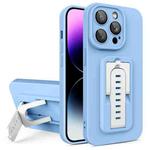 For iPhone 14 Pro Strap Holder Shockproof Protective Phone Case with Lens Film(Blue + White)