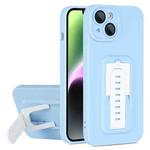 For iPhone 14 Plus Strap Holder Shockproof Protective Phone Case with Lens Film(Blue + White)