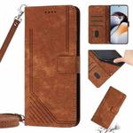 For OnePlus 10T 5G Global Skin Feel Stripe Pattern Leather Phone Case with Lanyard(Brown)