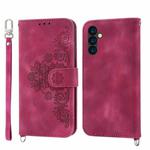 For Samsung Galaxy A24 4G Global Skin-feel Flowers Embossed Wallet Leather Phone Case(Wine Red)
