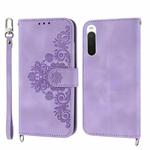 For Sony Xperia 1 V 5G Skin-feel Flowers Embossed Wallet Leather Phone Case(Purple)