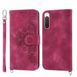 For Sony Xperia 1 V 5G Skin-feel Flowers Embossed Wallet Leather Phone Case(Wine Red)