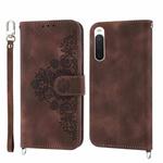 For Sony Xperia 1 V 5G Skin-feel Flowers Embossed Wallet Leather Phone Case(Brown)