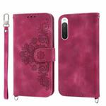 For Sony Xperia 10 V 4G Skin-feel Flowers Embossed Wallet Leather Phone Case(Wine Red)