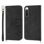 For Sony Xperia 10 V 4G Skin-feel Flowers Embossed Wallet Leather Phone Case(Black)