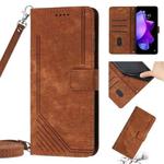 For Tecno Pova Neo Skin Feel Stripe Pattern Leather Phone Case with Lanyard(Brown)