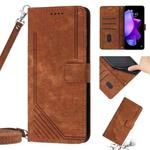 For Tecno Pova 4 Skin Feel Stripe Pattern Leather Phone Case with Lanyard(Brown)