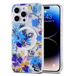 For iPhone 14 Plus Transparent Double Sided Magsafe Phone Case(Blue Flower)