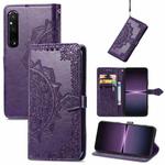 For Sony Xperia 1 IV Mandala Flower Embossed Leather Phone Case(Purple)