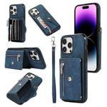 For iPhone 14 Zipper RFID Card Slot Phone Case with Short Lanyard(Blue)