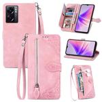 For OPPO A77 Embossed Flower Zipper Leather Phone Case(Pink)