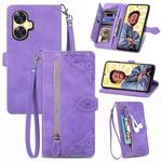 For Realme C55 Embossed Flower Zipper Leather Phone Case(Purple)