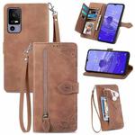 For TCL 40R Embossed Flower Zipper Leather Phone Case(Brown)
