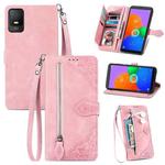 For TCL 403 Embossed Flower Zipper Leather Phone Case(Pink)