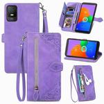 For TCL 403 Embossed Flower Zipper Leather Phone Case(Purple)