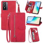 For vivo Y76 5G Embossed Flower Zipper Leather Phone Case(Red)