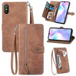 For Xiaomi Redmi 9A Embossed Flower Zipper Leather Phone Case(Brown)