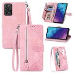 For ZTE Blade V30 Vita Embossed Flower Zipper Leather Phone Case(Pink)