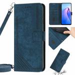 For OPPO Reno8 5G Skin Feel Stripe Pattern Leather Phone Case with Lanyard(Blue)